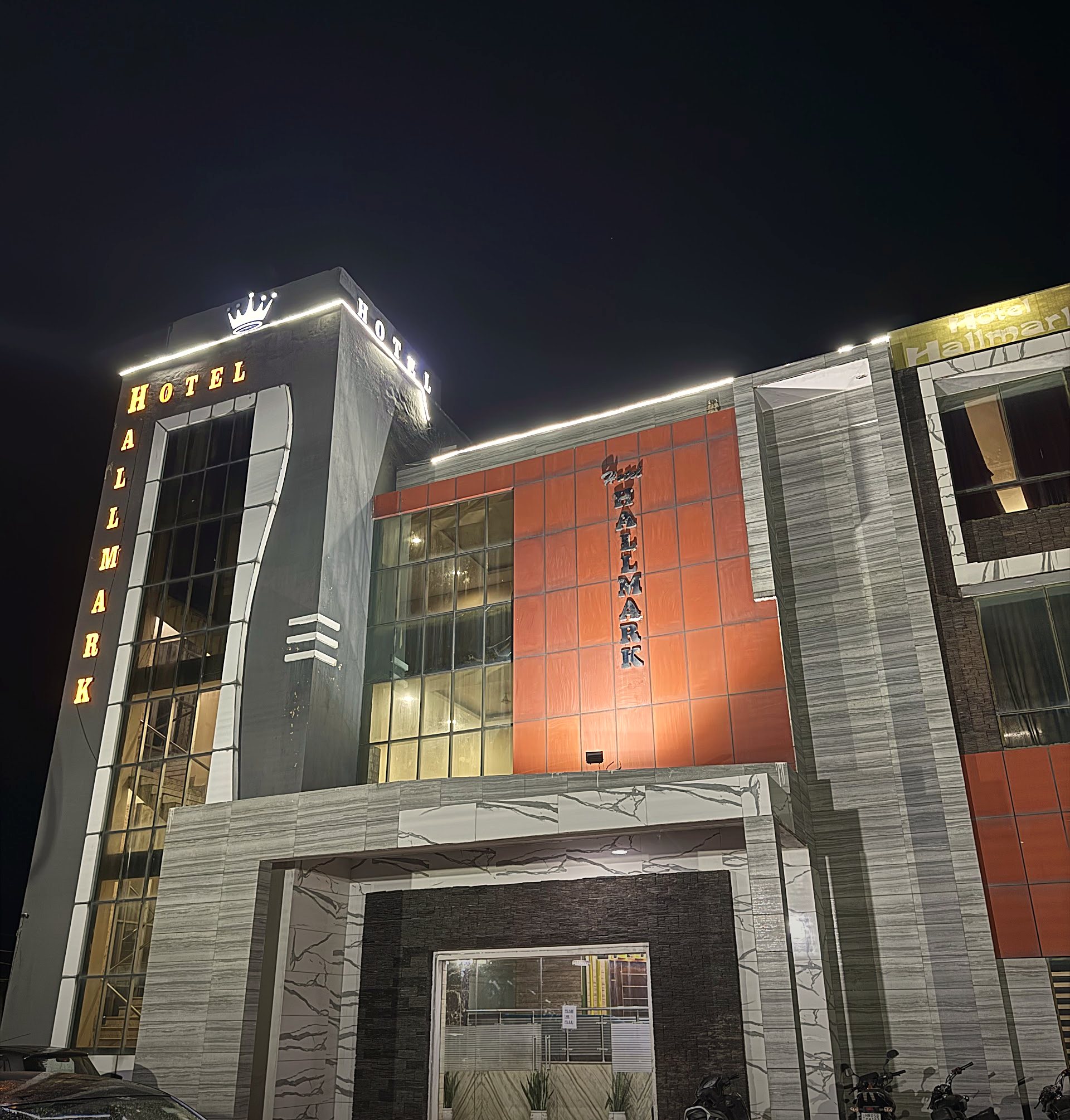 Hotel Hallmark illuminated at night
